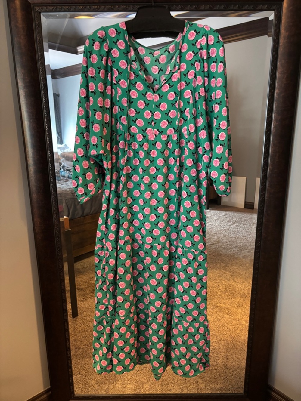 Green Maxi Dress with Pink Rose Print - Feminine V-Neck